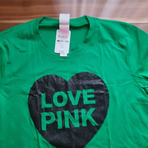 Victoria's Secret LOVE PINK Green St PATRICK'S DAY Black Glitter Heart T-SHIRT L - Picture 8 of 12